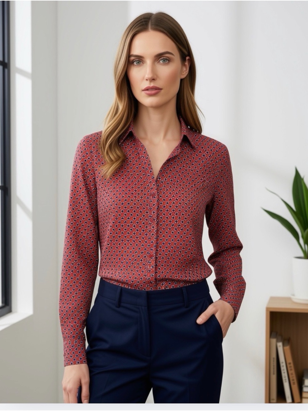 Ann Taylor Geometric / Floral Printed Silky Button-Down Shirt - Rust Red